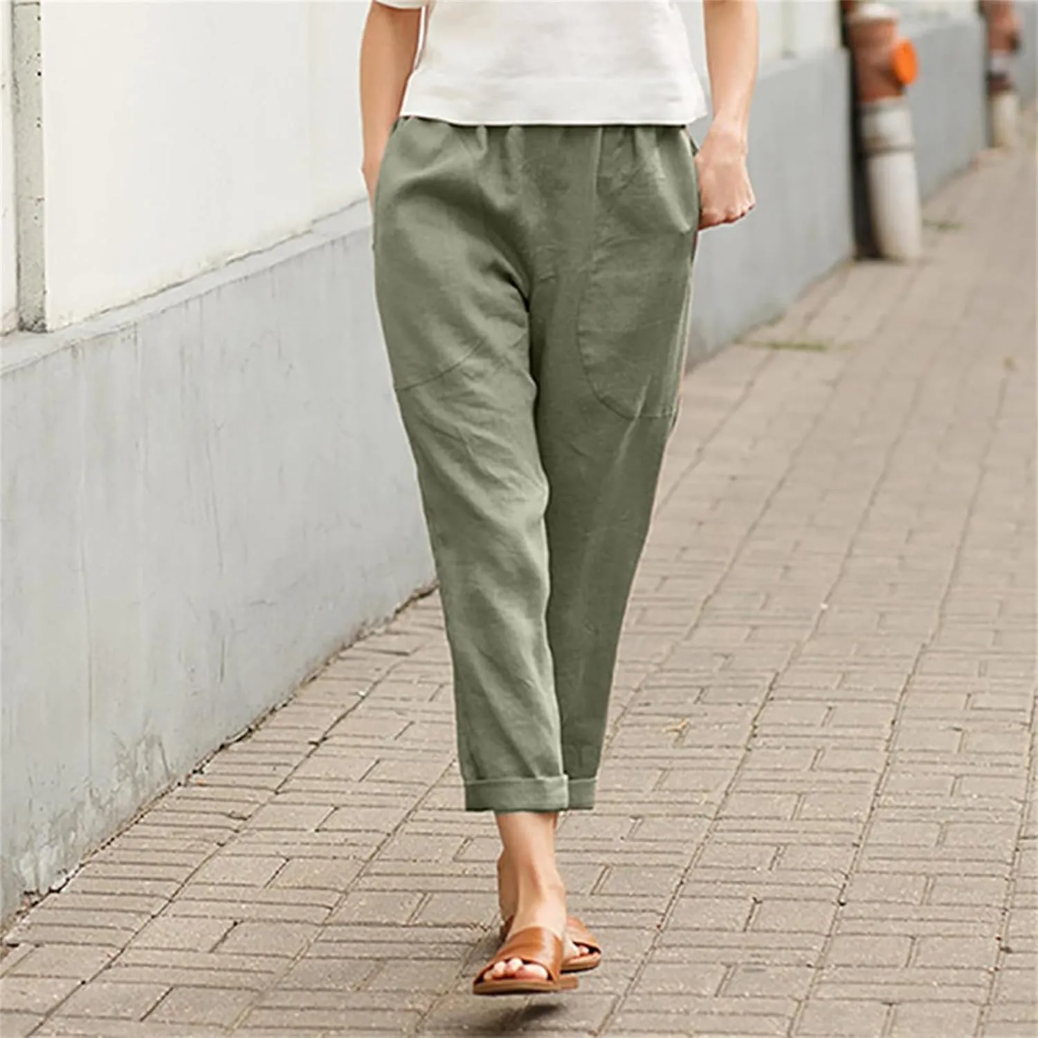 Cotton Linen Pants for Women Casual Straight Leg Comfy Loose Pant Lounge Lightweight Elastic Waist Relaxed Trousers