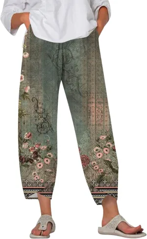 Cotton Linen Pants Women Petite Boho Summer Casual Baggy Beach Capris Lounge Lightweight Loose Fit Harem Trousers