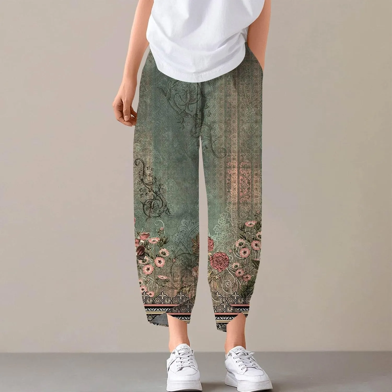 Cotton Linen Pants Women Petite Boho Summer Casual Baggy Beach Capris Lounge Lightweight Loose Fit Harem Trousers