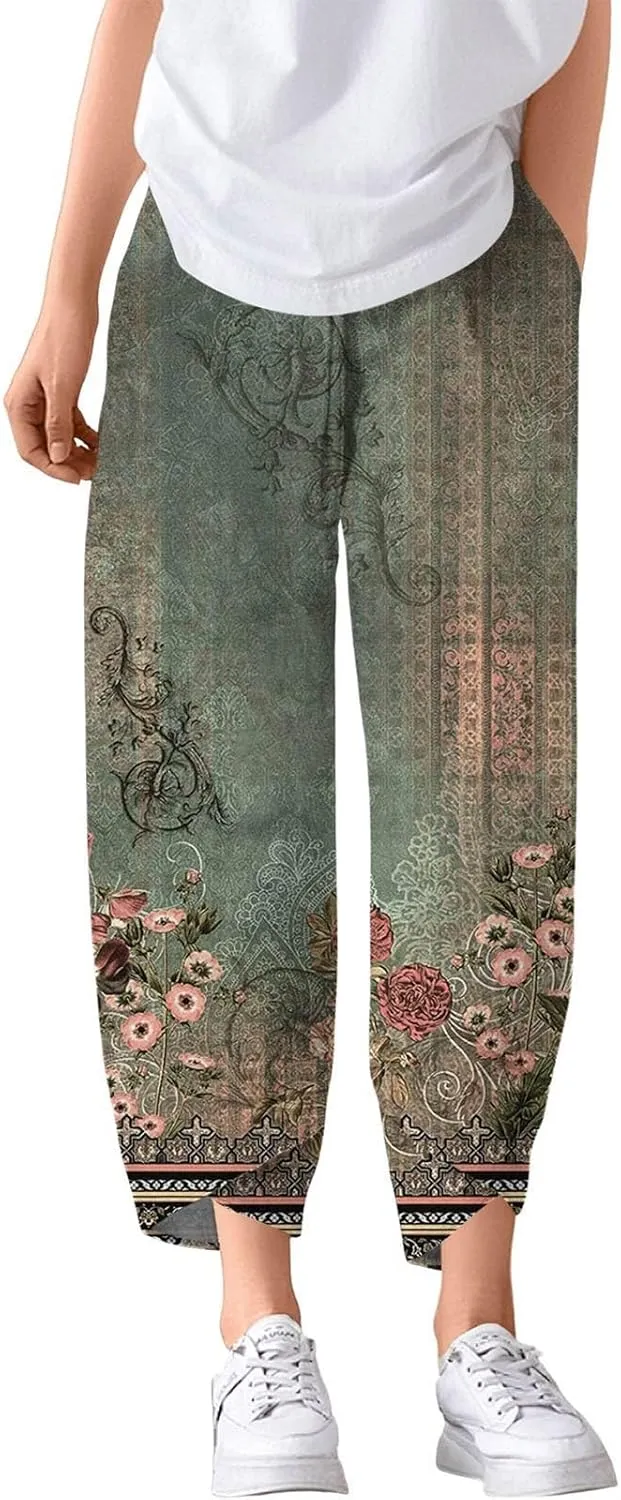Cotton Linen Pants Women Petite Boho Summer Casual Baggy Beach Capris Lounge Lightweight Loose Fit Harem Trousers