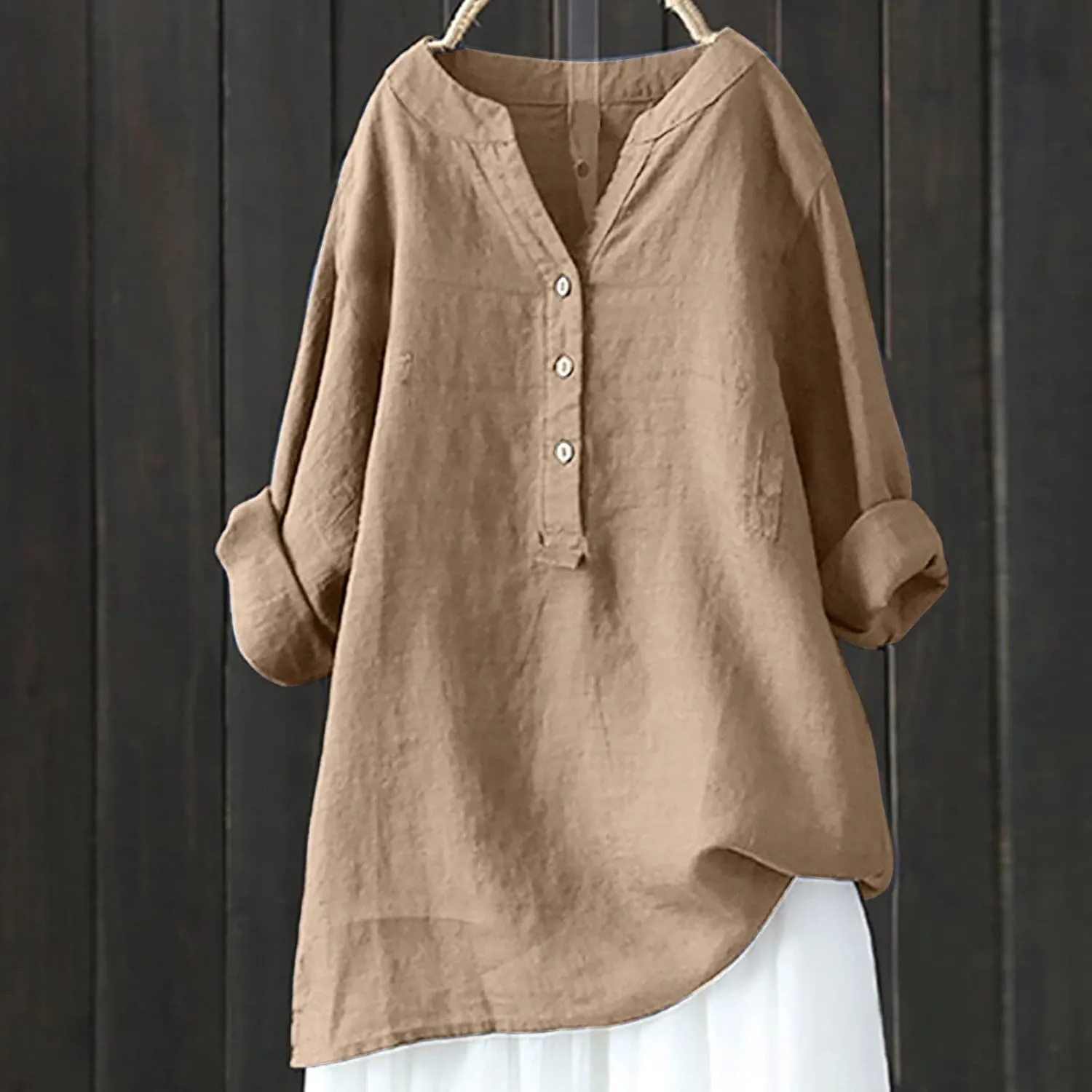 Cotton Linen Shirts for Women Long Sleeve Loose Fit Casual Blouse V Neck Button Down Basic Tees 2025 Summer Tops