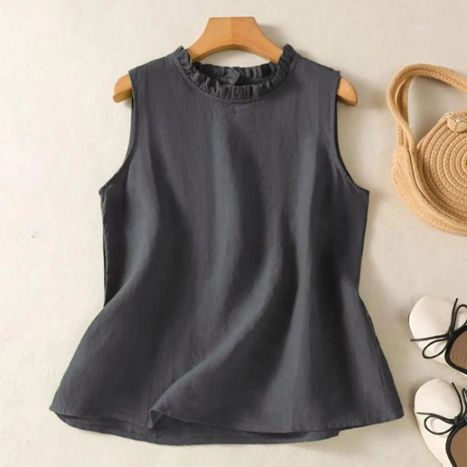Cotton Linen Tank Tops for Women Ruffle Mock Neck Summer Vacation Tops Loose Fit Sleeveless Shirts Beach Tees Vests