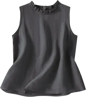 Cotton Linen Tank Tops for Women Ruffle Mock Neck Summer Vacation Tops Loose Fit Sleeveless Shirts Beach Tees Vests
