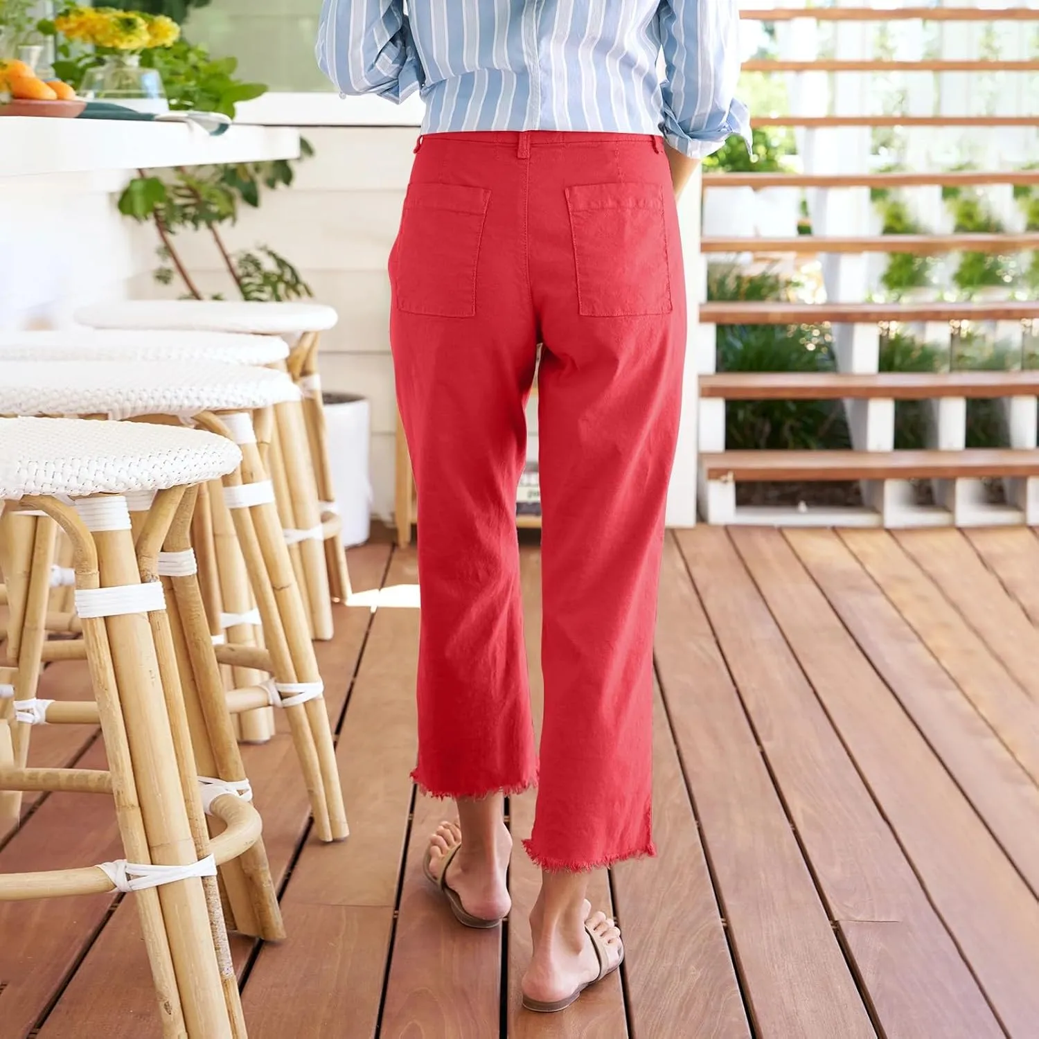 Cropped Linen Pants Women High Waisted Straight Leg Capri Work Pants Business Casual Raw Hem Ankle Pants with Pockets