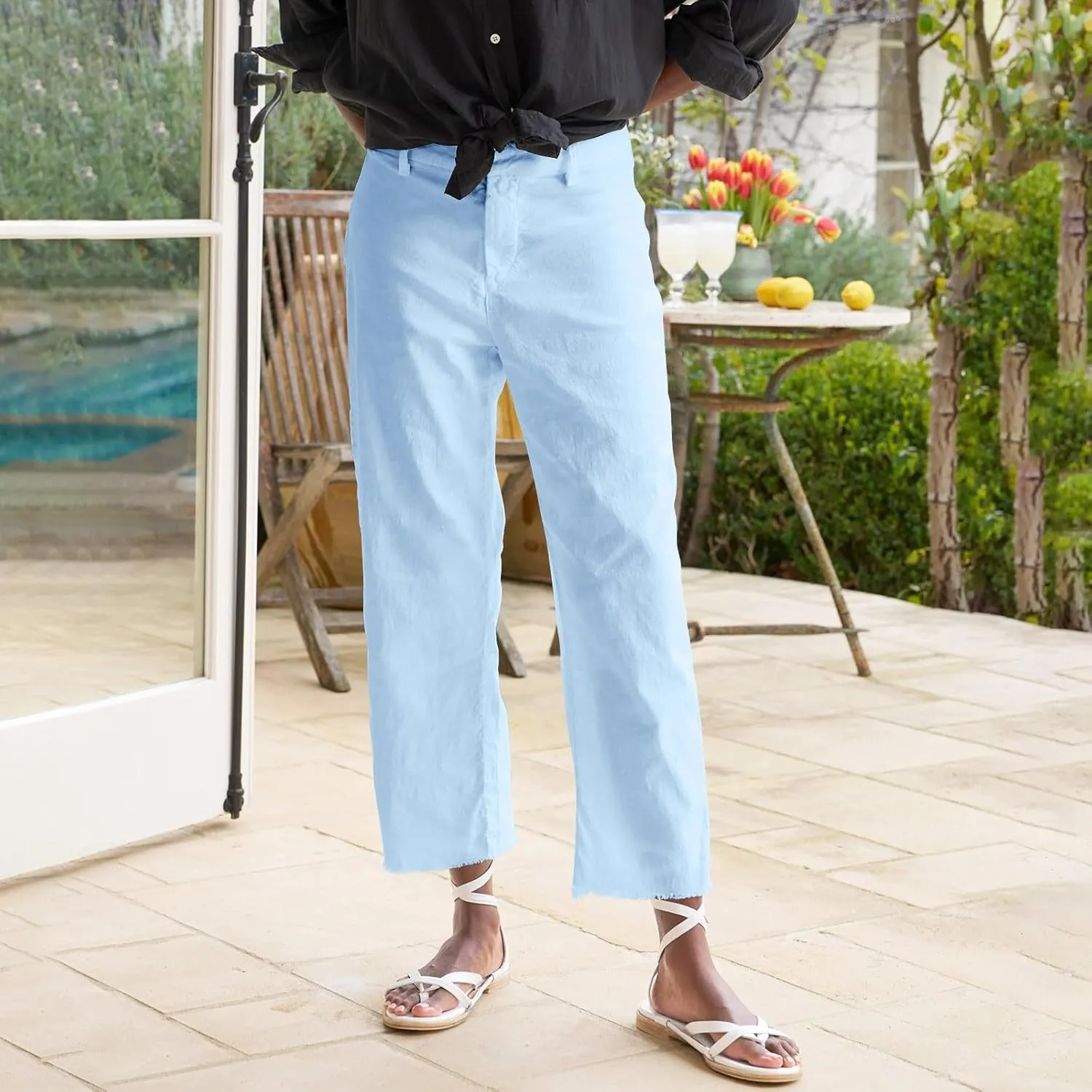 Cropped Linen Pants Women High Waisted Straight Leg Capri Work Pants Business Casual Raw Hem Ankle Pants with Pockets
