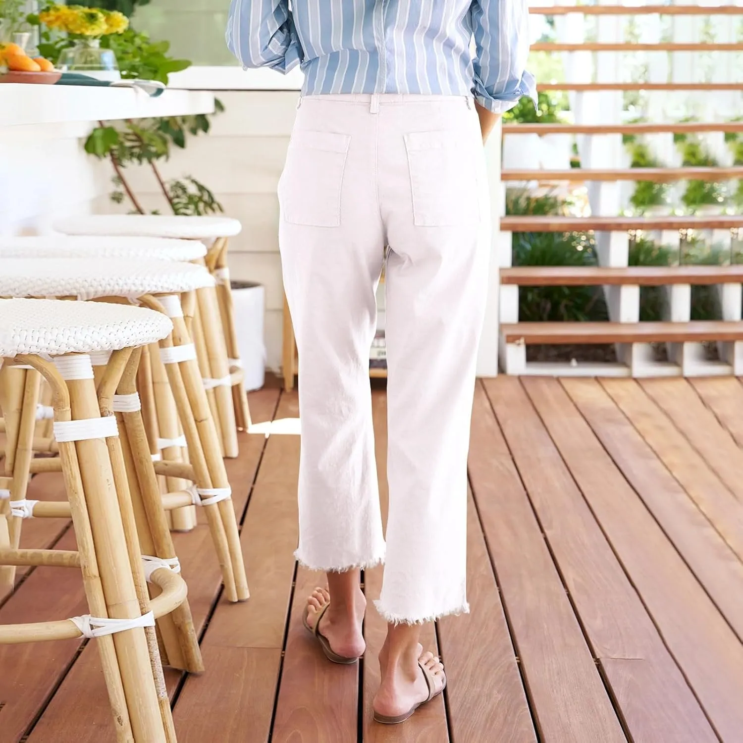 Cropped Linen Pants Women High Waisted Straight Leg Capri Work Pants Business Casual Raw Hem Ankle Pants with Pockets