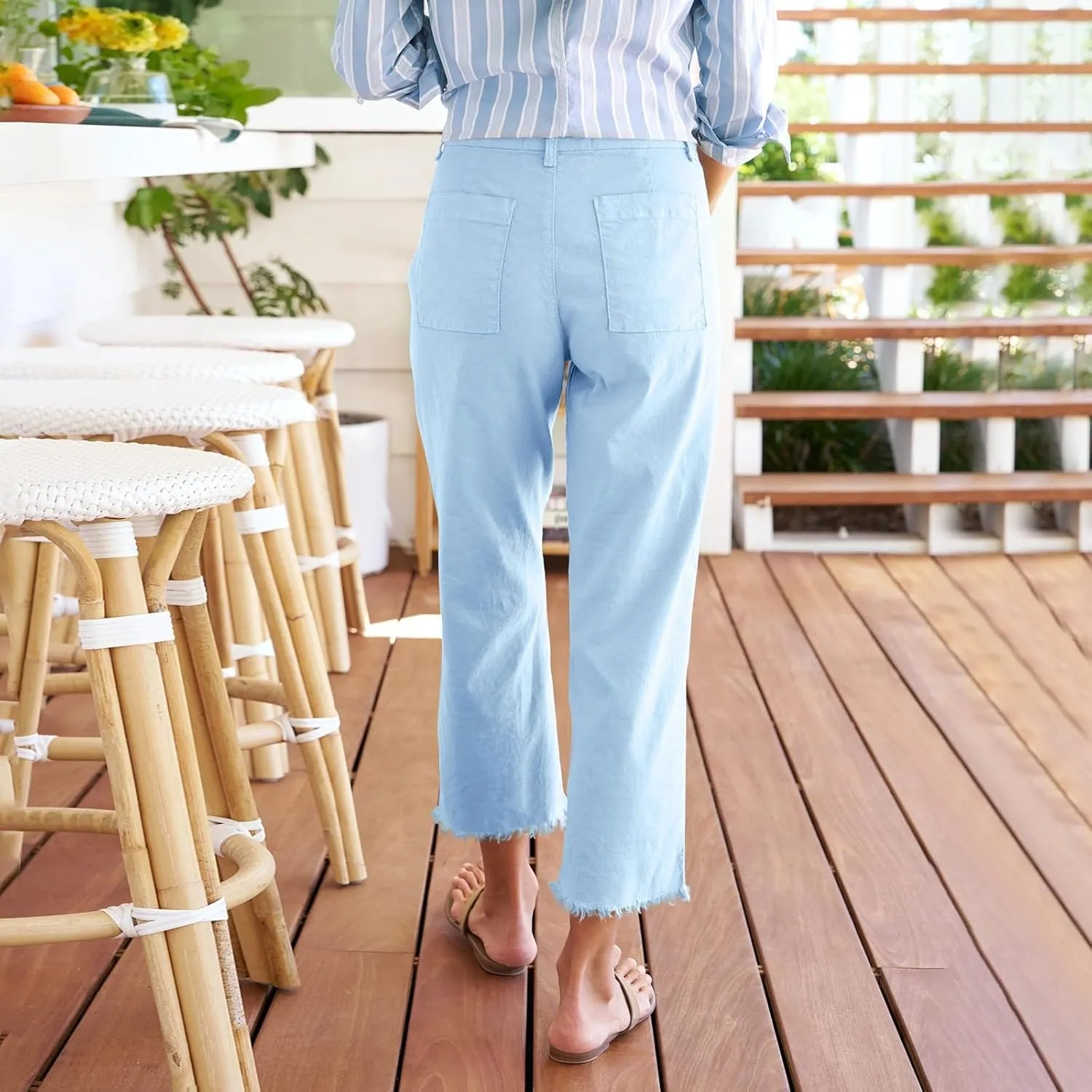 Cropped Linen Pants Women High Waisted Straight Leg Capri Work Pants Business Casual Raw Hem Ankle Pants with Pockets