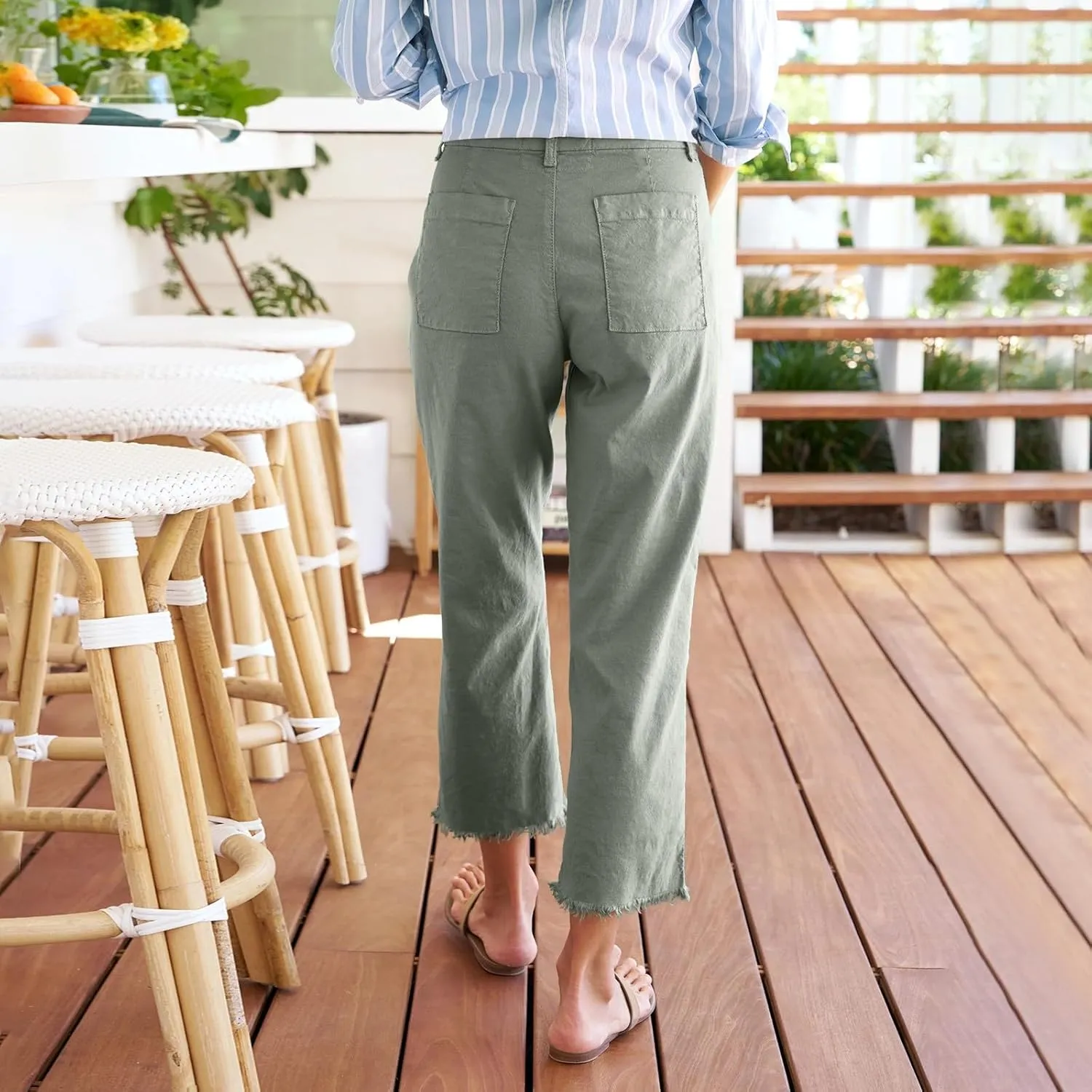 Cropped Linen Pants Women High Waisted Straight Leg Capri Work Pants Business Casual Raw Hem Ankle Pants with Pockets