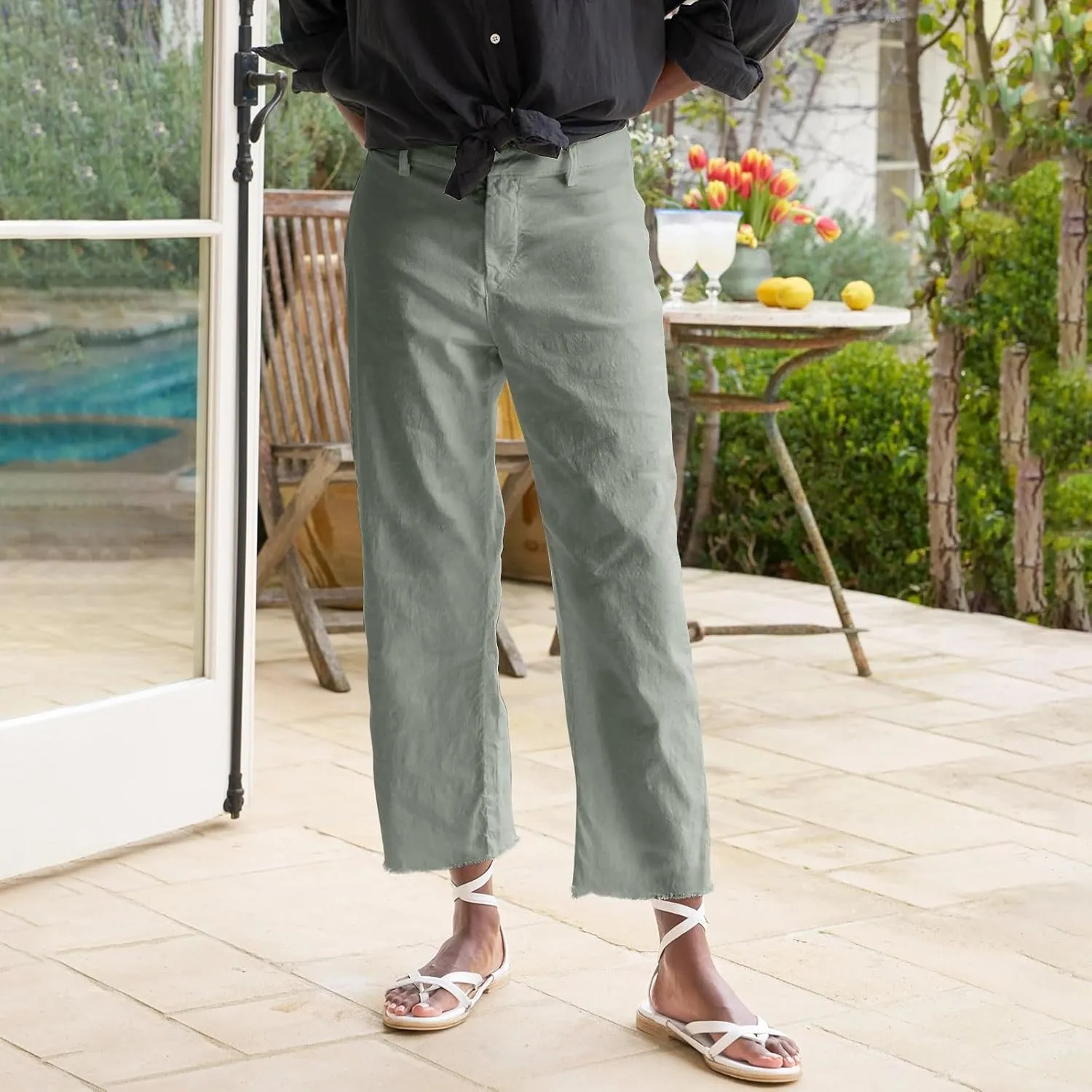 Cropped Linen Pants Women High Waisted Straight Leg Capri Work Pants Business Casual Raw Hem Ankle Pants with Pockets