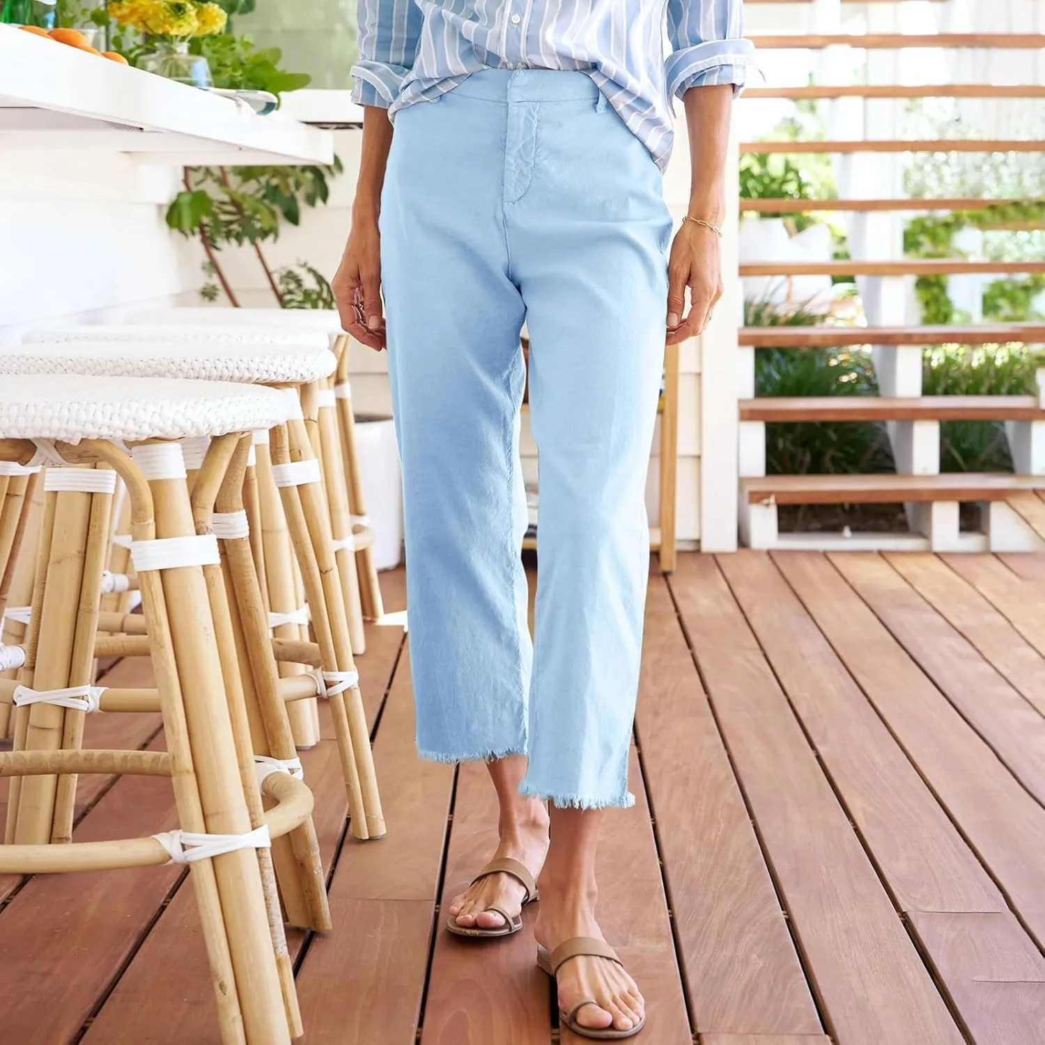 Cropped Linen Pants Women High Waisted Straight Leg Capri Work Pants Business Casual Raw Hem Ankle Pants with Pockets