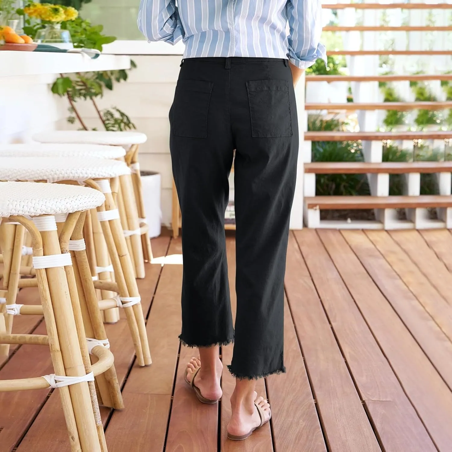 Cropped Linen Pants Women High Waisted Straight Leg Capri Work Pants Business Casual Raw Hem Ankle Pants with Pockets