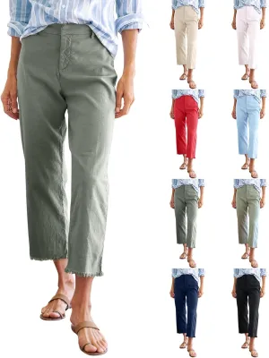 Cropped Linen Pants Women High Waisted Straight Leg Capri Work Pants Business Casual Raw Hem Ankle Pants with Pockets