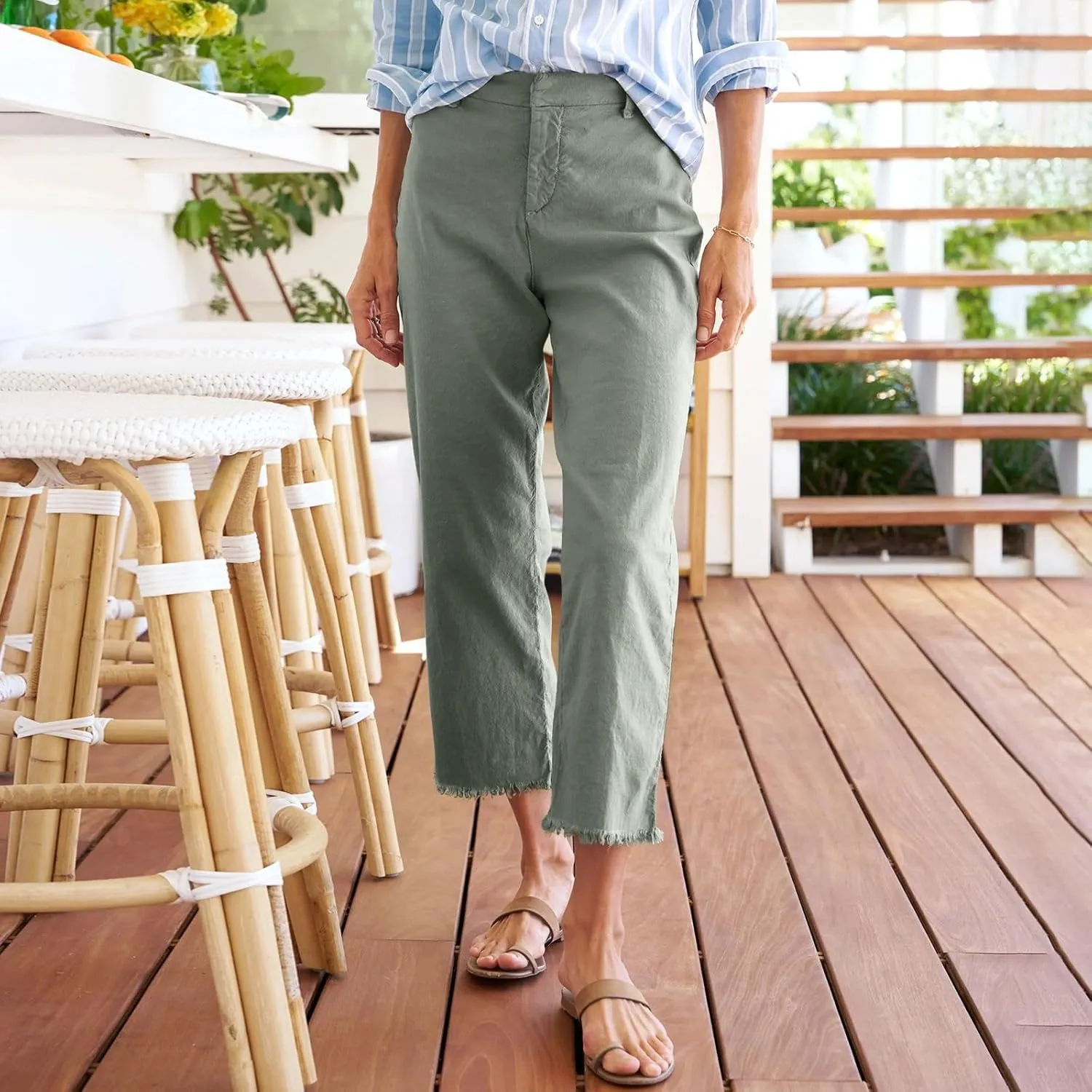 Cropped Linen Pants Women High Waisted Straight Leg Capri Work Pants Business Casual Raw Hem Ankle Pants with Pockets