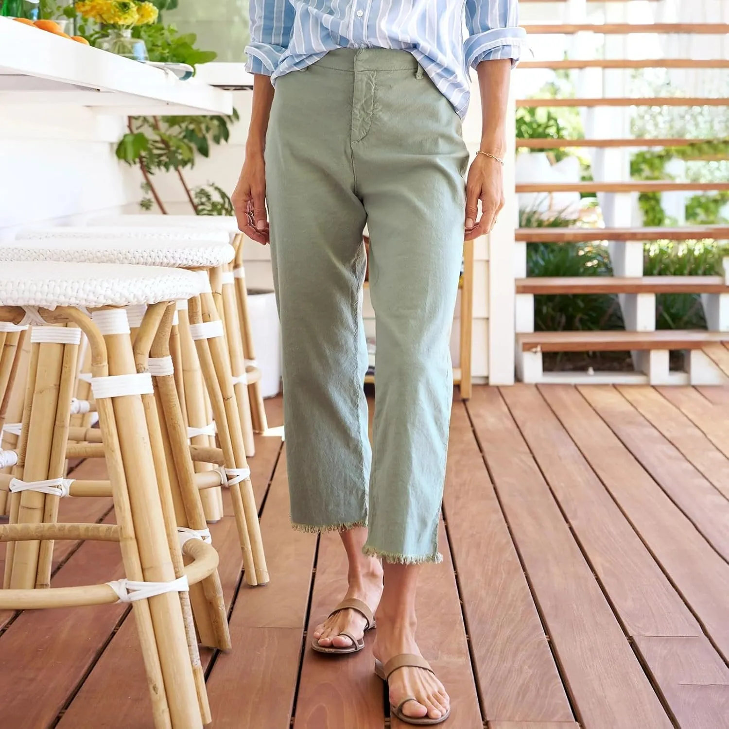Cropped Linen Pants Women High Waisted Straight Leg Capri Work Pants Business Casual Raw Hem Ankle Pants with Pockets