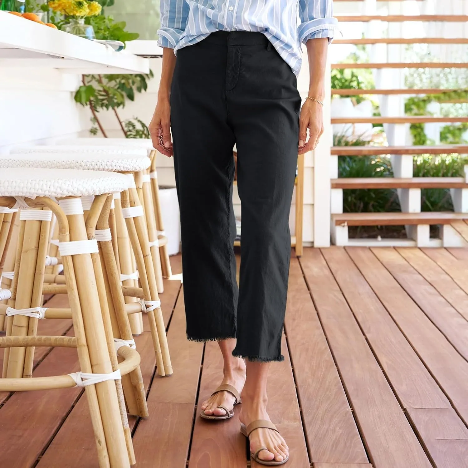 Cropped Linen Pants Women High Waisted Straight Leg Capri Work Pants Business Casual Raw Hem Ankle Pants with Pockets