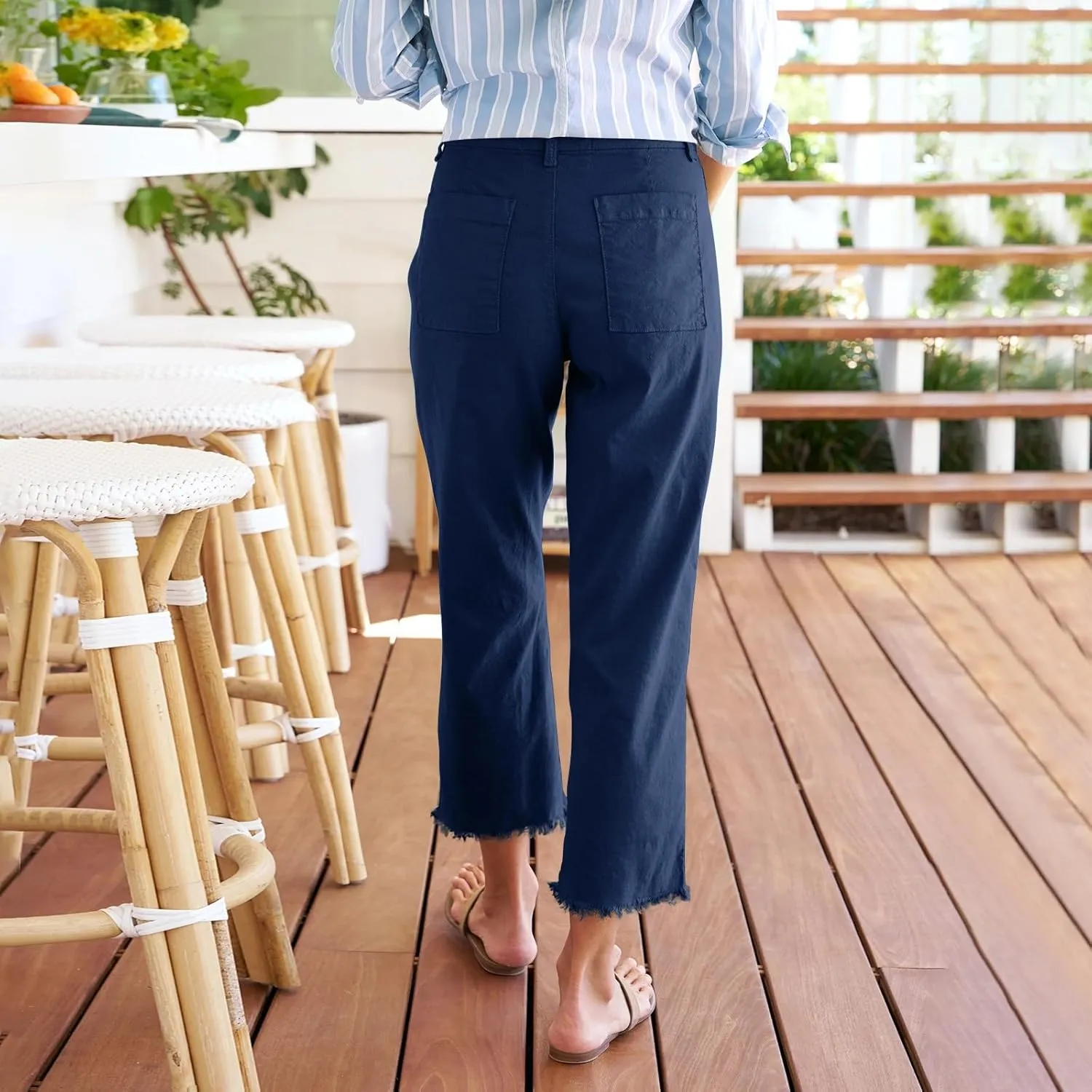 Cropped Linen Pants Women High Waisted Straight Leg Capri Work Pants Business Casual Raw Hem Ankle Pants with Pockets