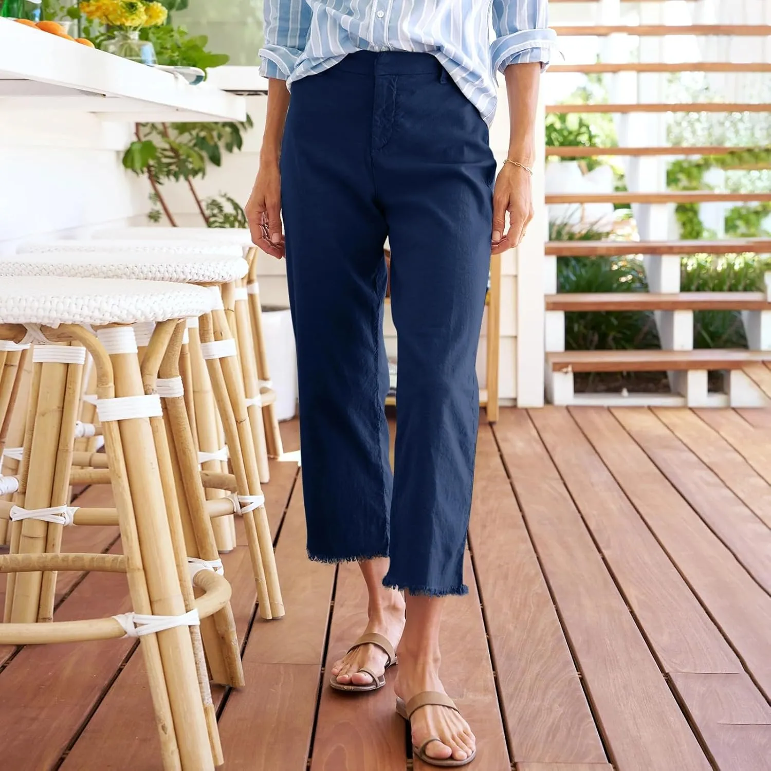 Cropped Linen Pants Women High Waisted Straight Leg Capri Work Pants Business Casual Raw Hem Ankle Pants with Pockets