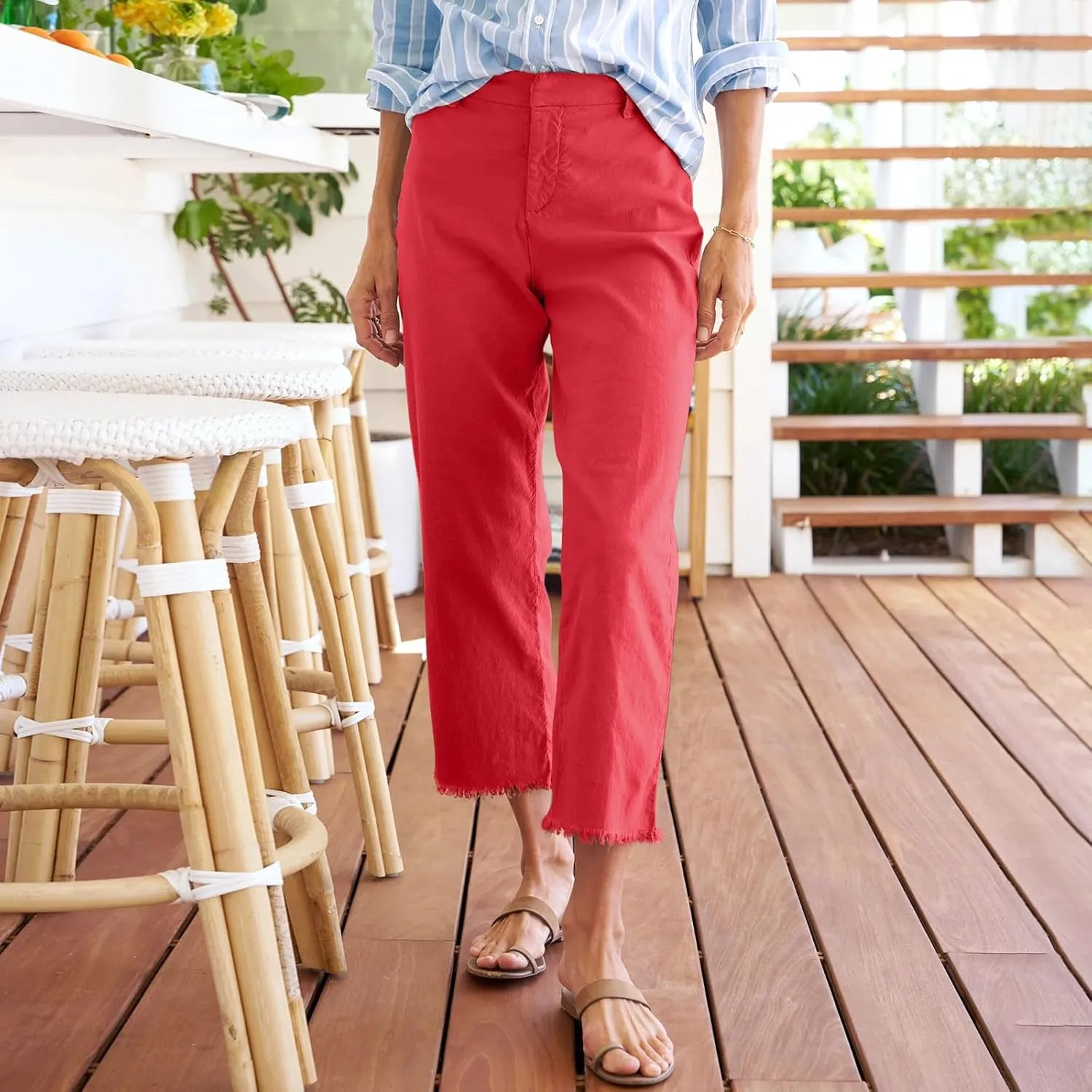Cropped Linen Pants Women High Waisted Straight Leg Capri Work Pants Business Casual Raw Hem Ankle Pants with Pockets