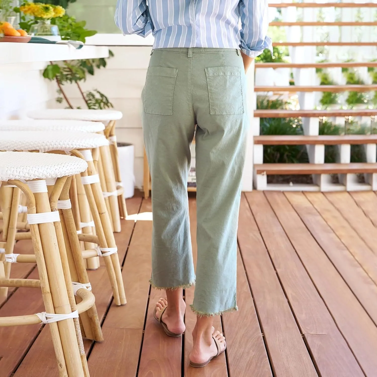 Cropped Linen Pants Women High Waisted Straight Leg Capri Work Pants Business Casual Raw Hem Ankle Pants with Pockets