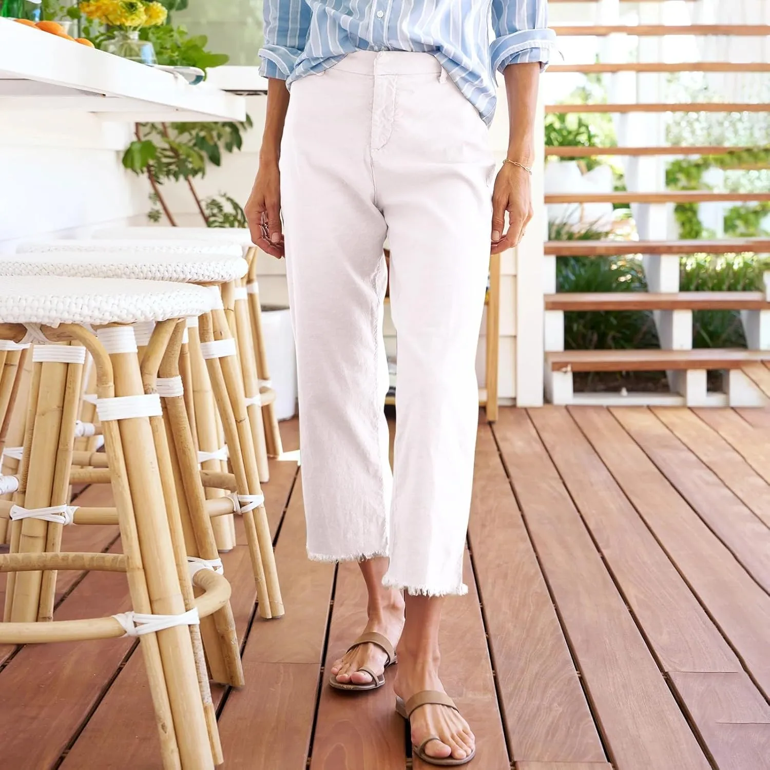 Cropped Linen Pants Women High Waisted Straight Leg Capri Work Pants Business Casual Raw Hem Ankle Pants with Pockets