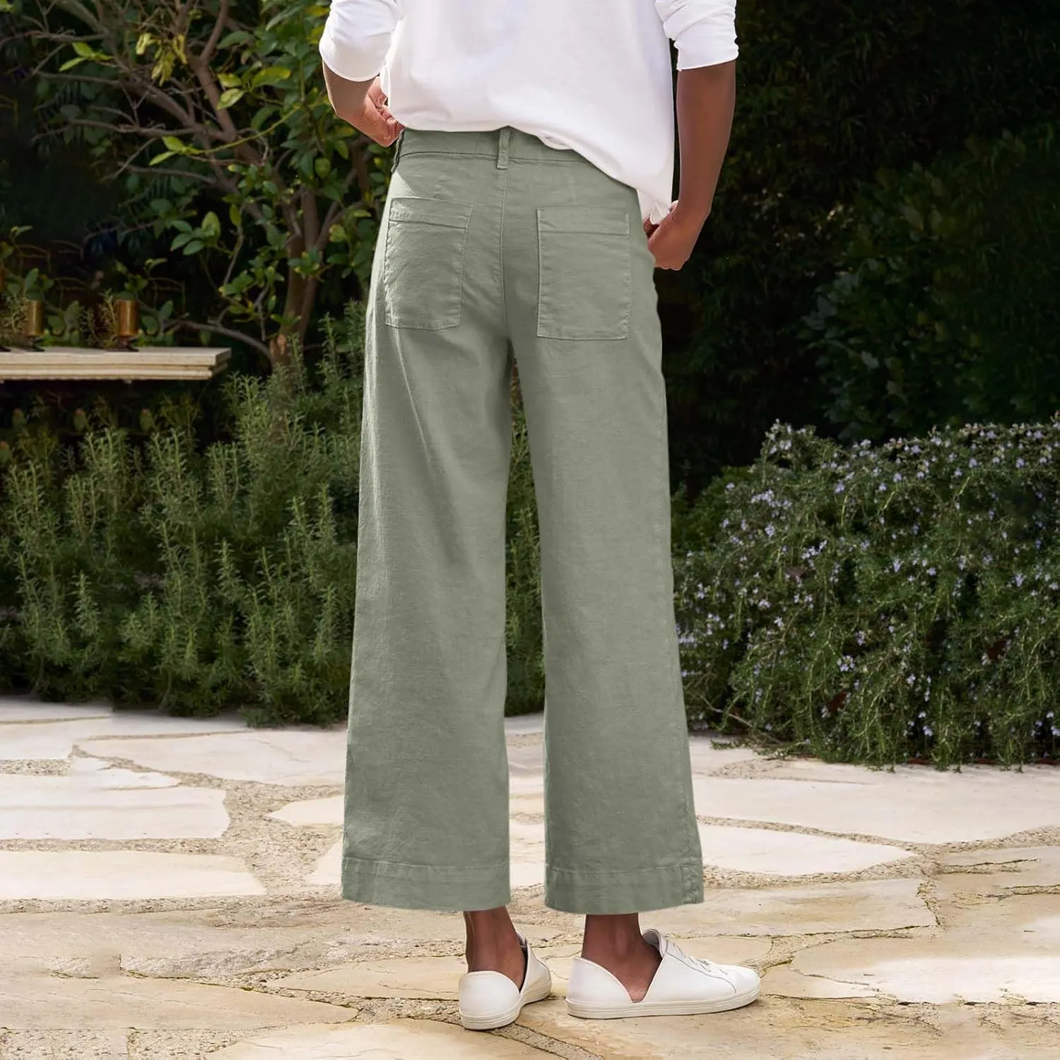 Cropped Linen Pants Women High Waisted Wide Leg Capri Work Pants Business Casual Ankle Pants with Pockets