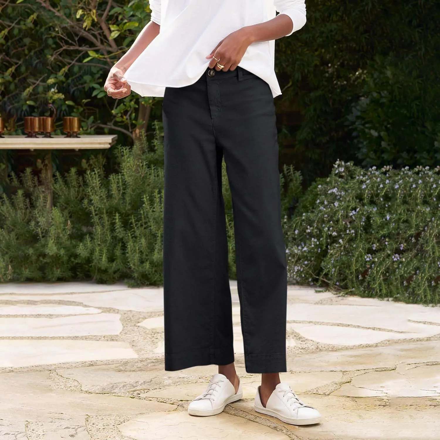 Cropped Linen Pants Women High Waisted Wide Leg Capri Work Pants Business Casual Ankle Pants with Pockets
