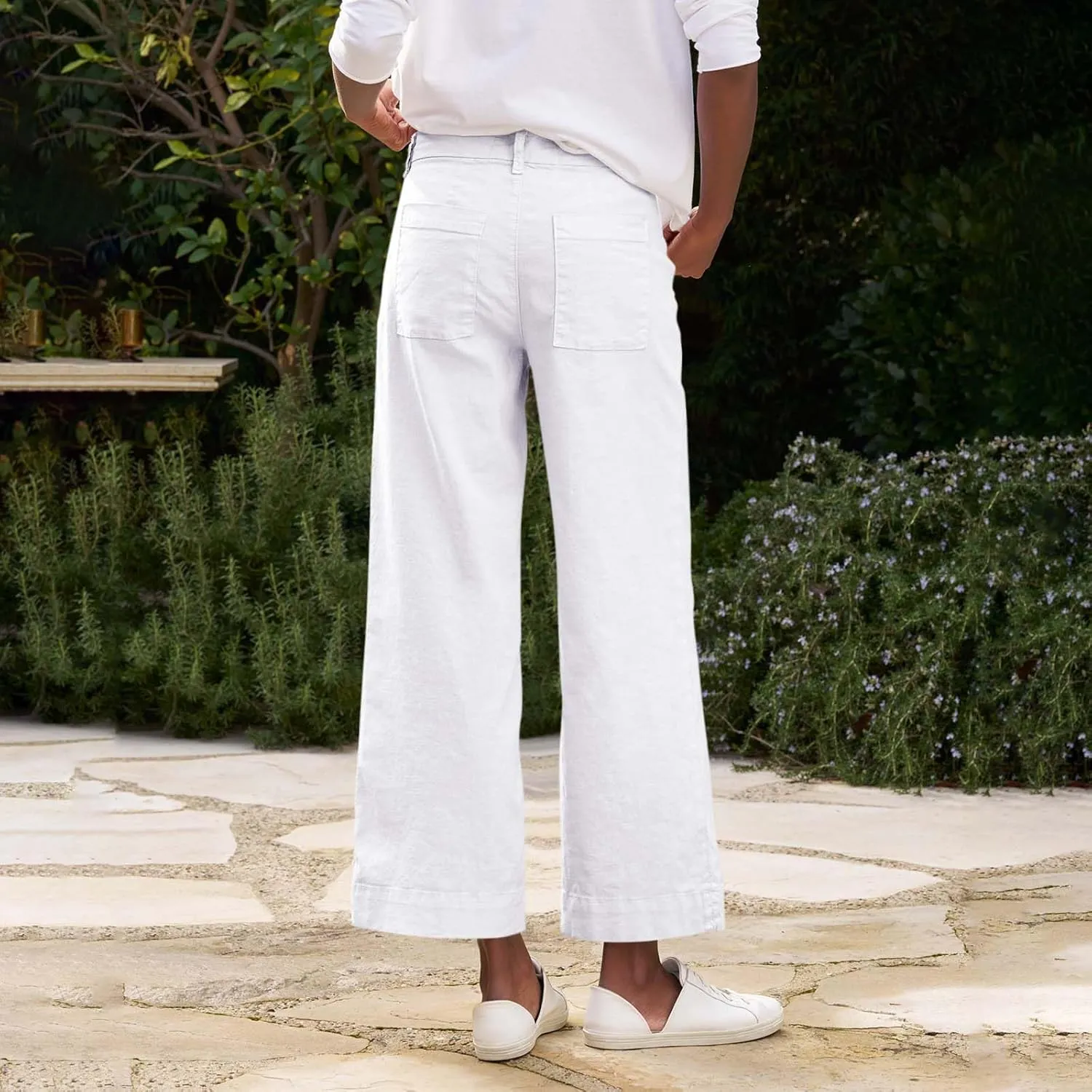 Cropped Linen Pants Women High Waisted Wide Leg Capri Work Pants Business Casual Ankle Pants with Pockets