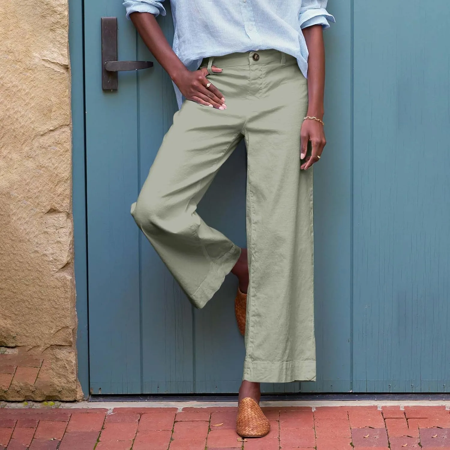 Cropped Linen Pants Women High Waisted Wide Leg Capri Work Pants Business Casual Ankle Pants with Pockets