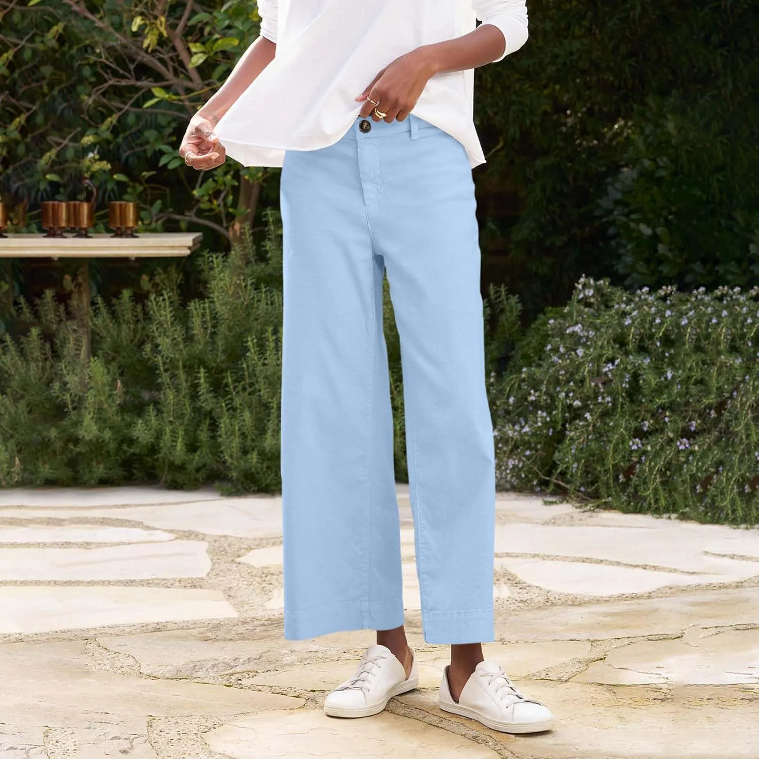 Cropped Linen Pants Women High Waisted Wide Leg Capri Work Pants Business Casual Ankle Pants with Pockets