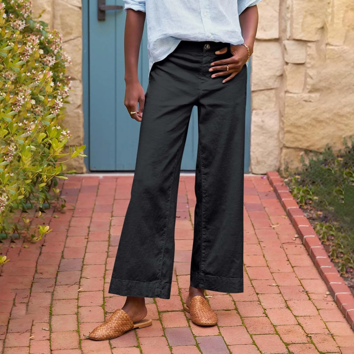 Cropped Linen Pants Women High Waisted Wide Leg Capri Work Pants Business Casual Ankle Pants with Pockets