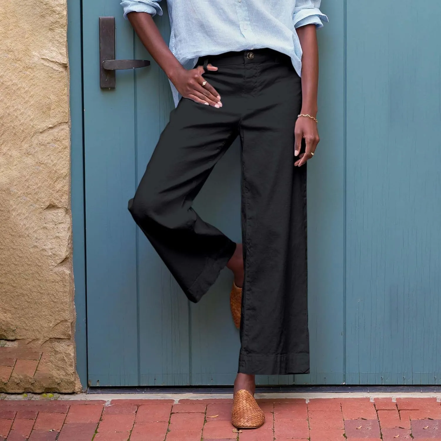 Cropped Linen Pants Women High Waisted Wide Leg Capri Work Pants Business Casual Ankle Pants with Pockets