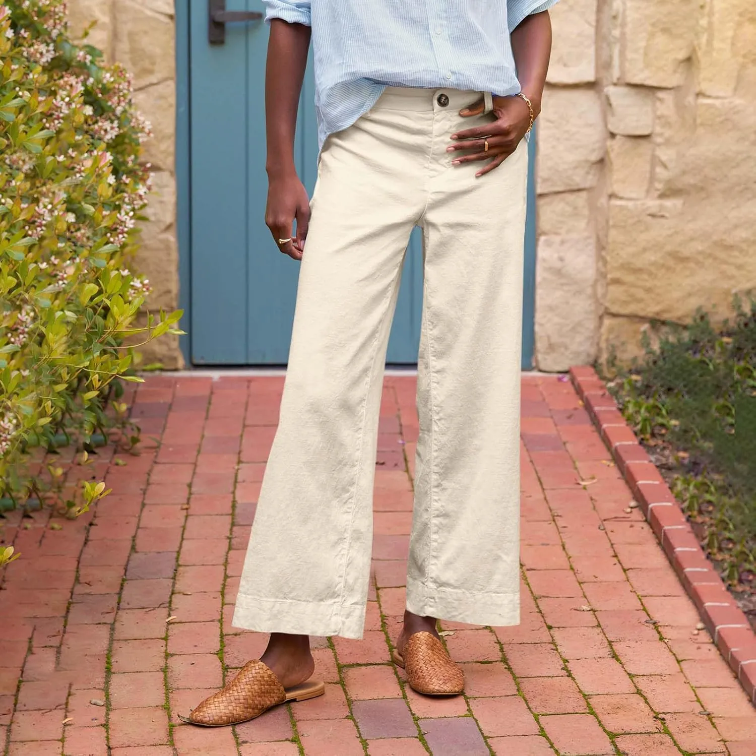 Cropped Linen Pants Women High Waisted Wide Leg Capri Work Pants Business Casual Ankle Pants with Pockets