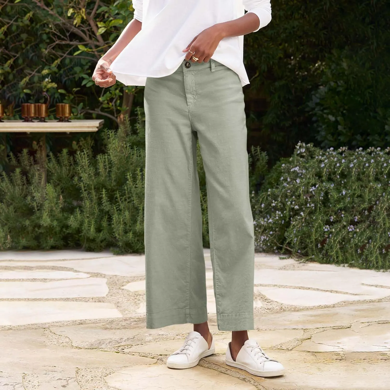 Cropped Linen Pants Women High Waisted Wide Leg Capri Work Pants Business Casual Ankle Pants with Pockets