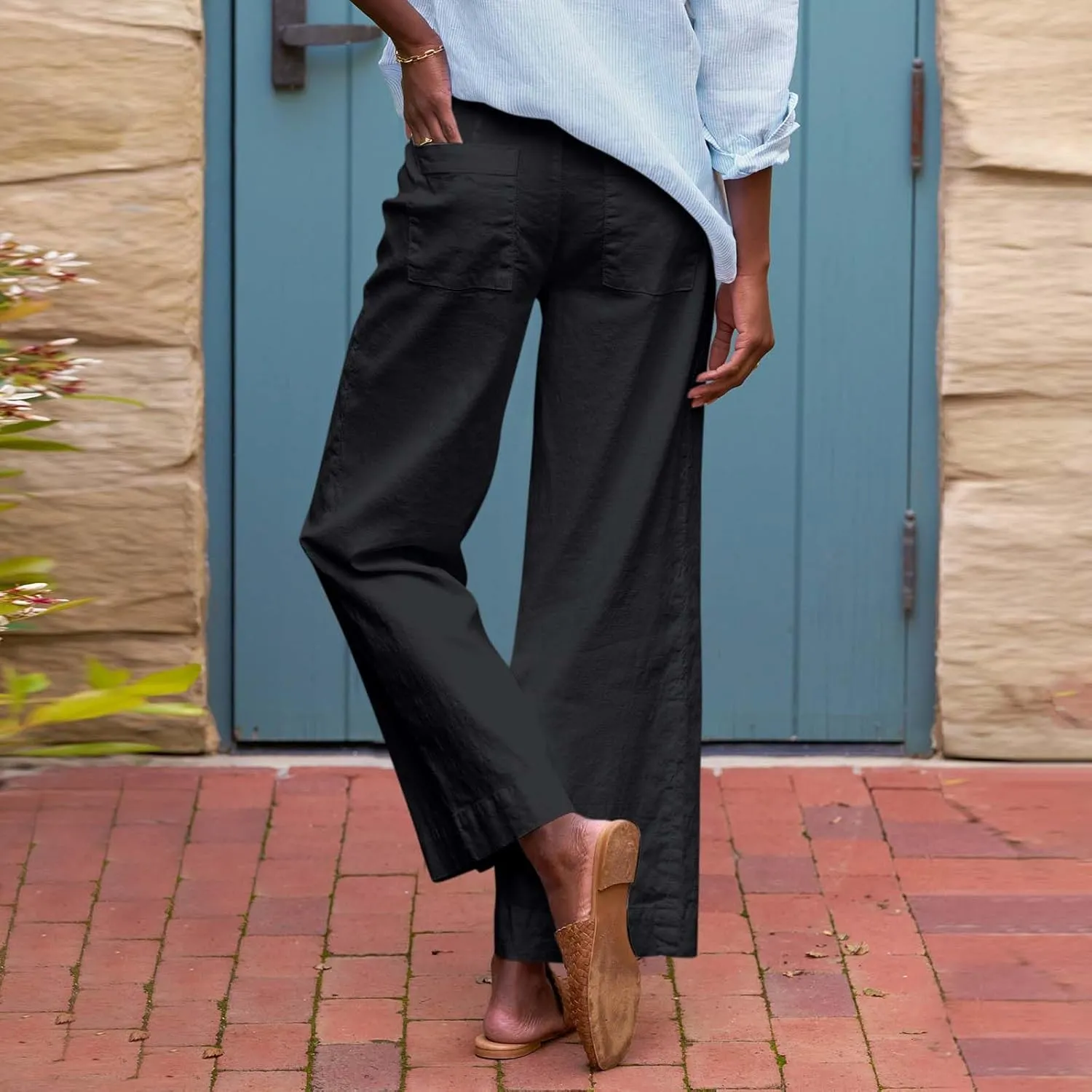 Cropped Linen Pants Women High Waisted Wide Leg Capri Work Pants Business Casual Ankle Pants with Pockets