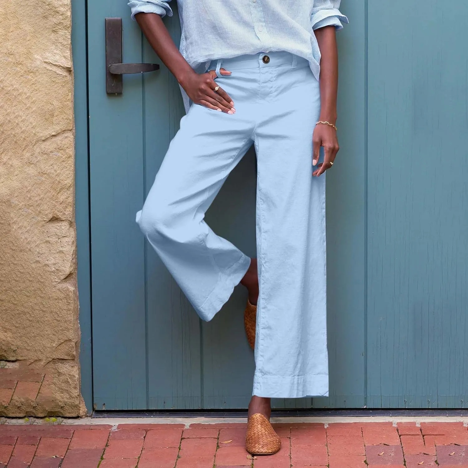 Cropped Linen Pants Women High Waisted Wide Leg Capri Work Pants Business Casual Ankle Pants with Pockets