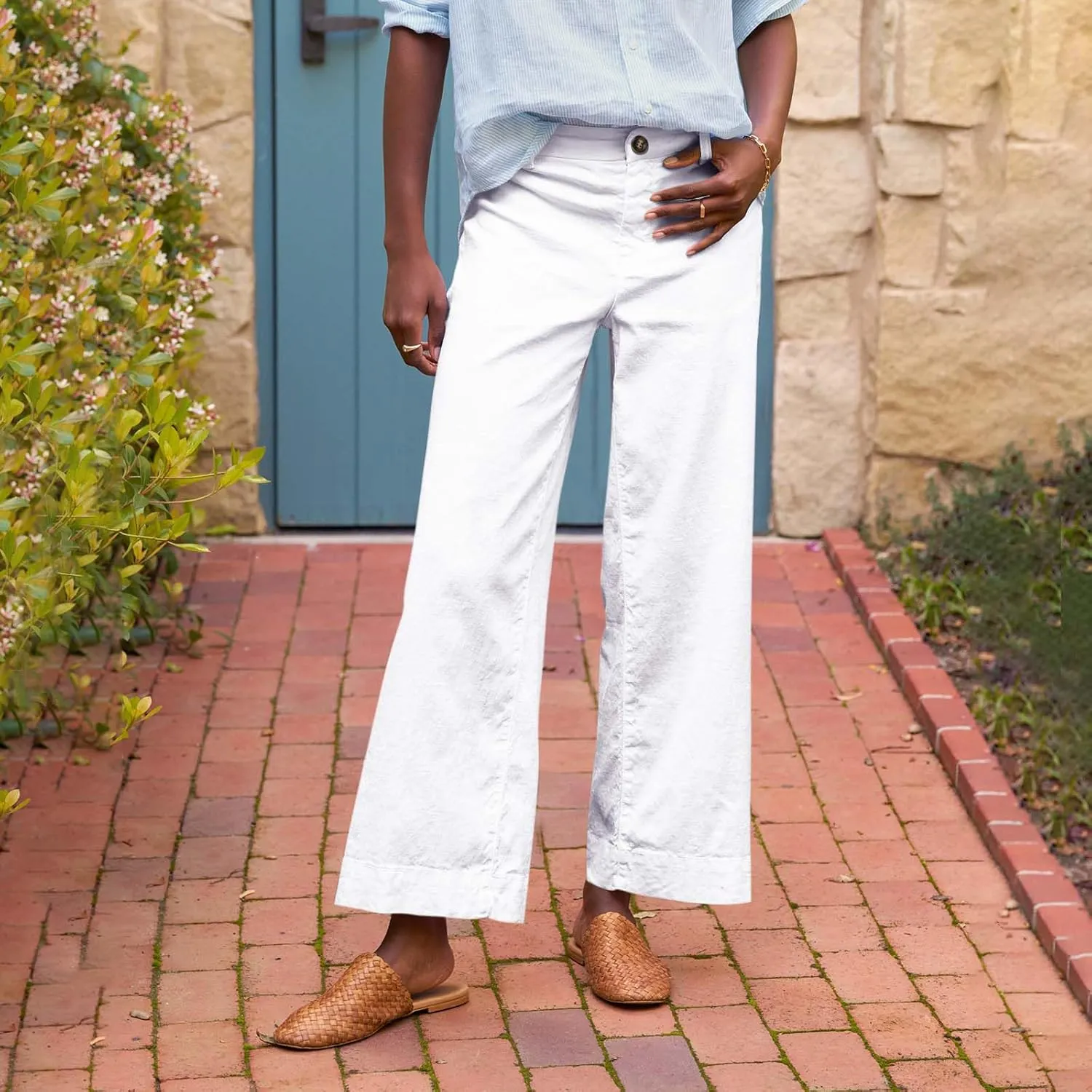 Cropped Linen Pants Women High Waisted Wide Leg Capri Work Pants Business Casual Ankle Pants with Pockets