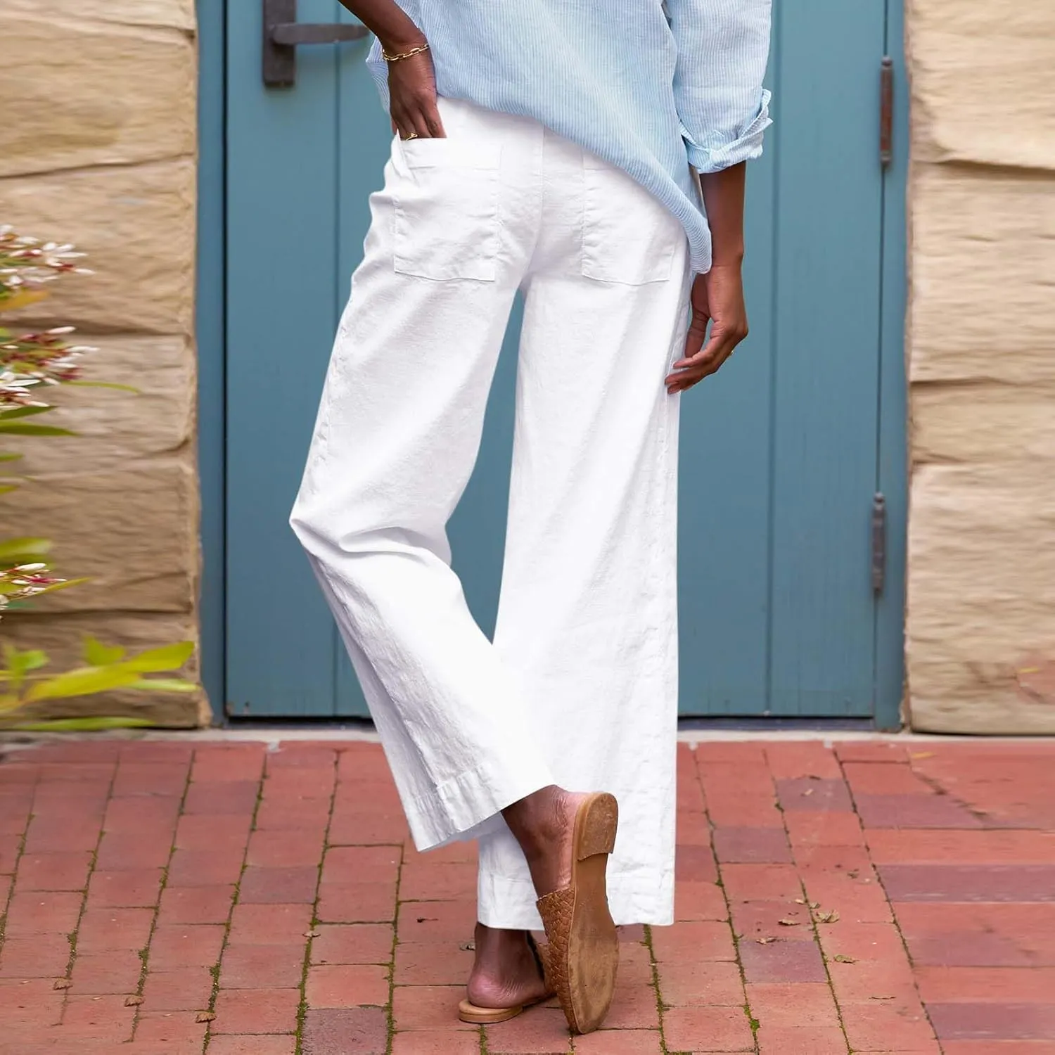 Cropped Linen Pants Women High Waisted Wide Leg Capri Work Pants Business Casual Ankle Pants with Pockets