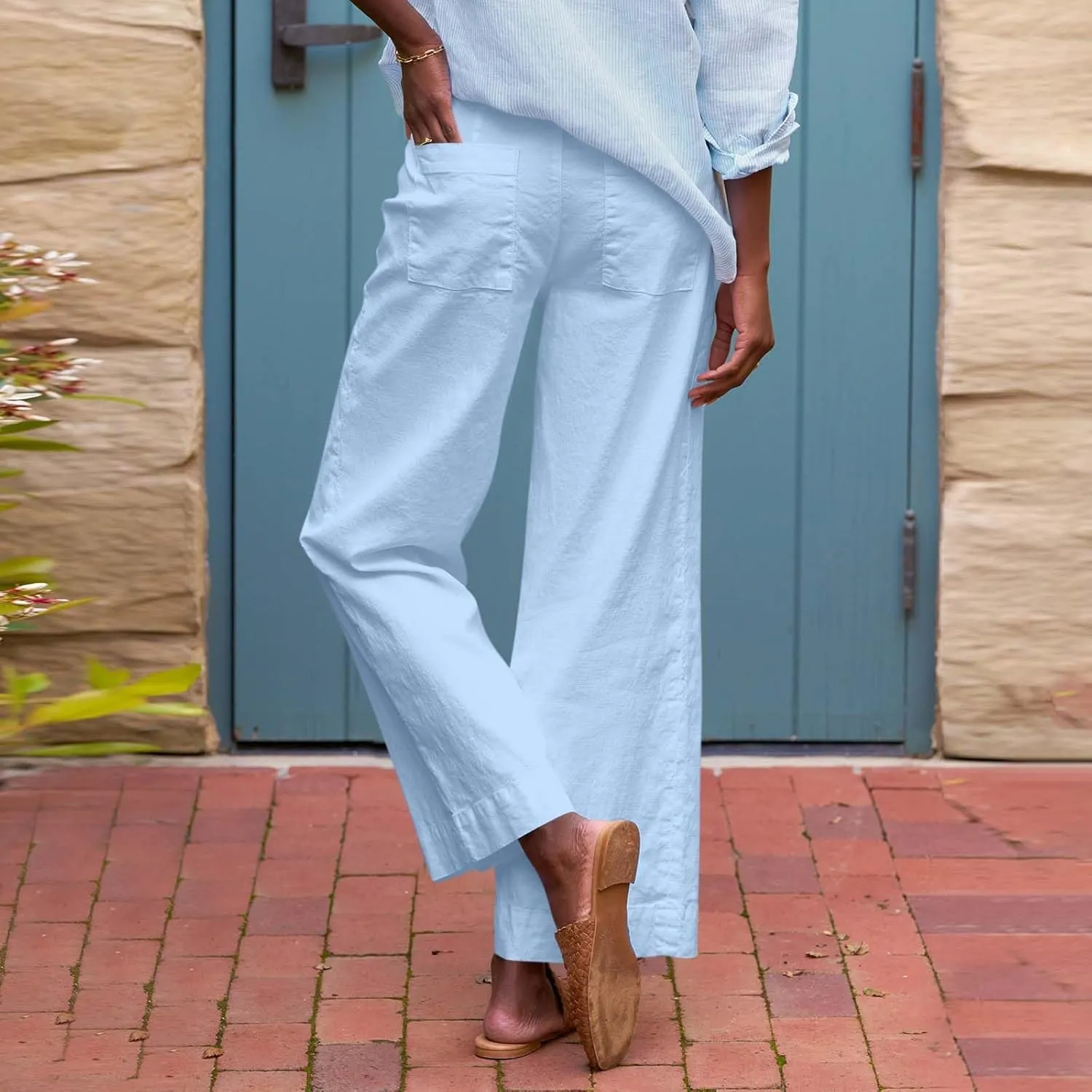 Cropped Linen Pants Women High Waisted Wide Leg Capri Work Pants Business Casual Ankle Pants with Pockets