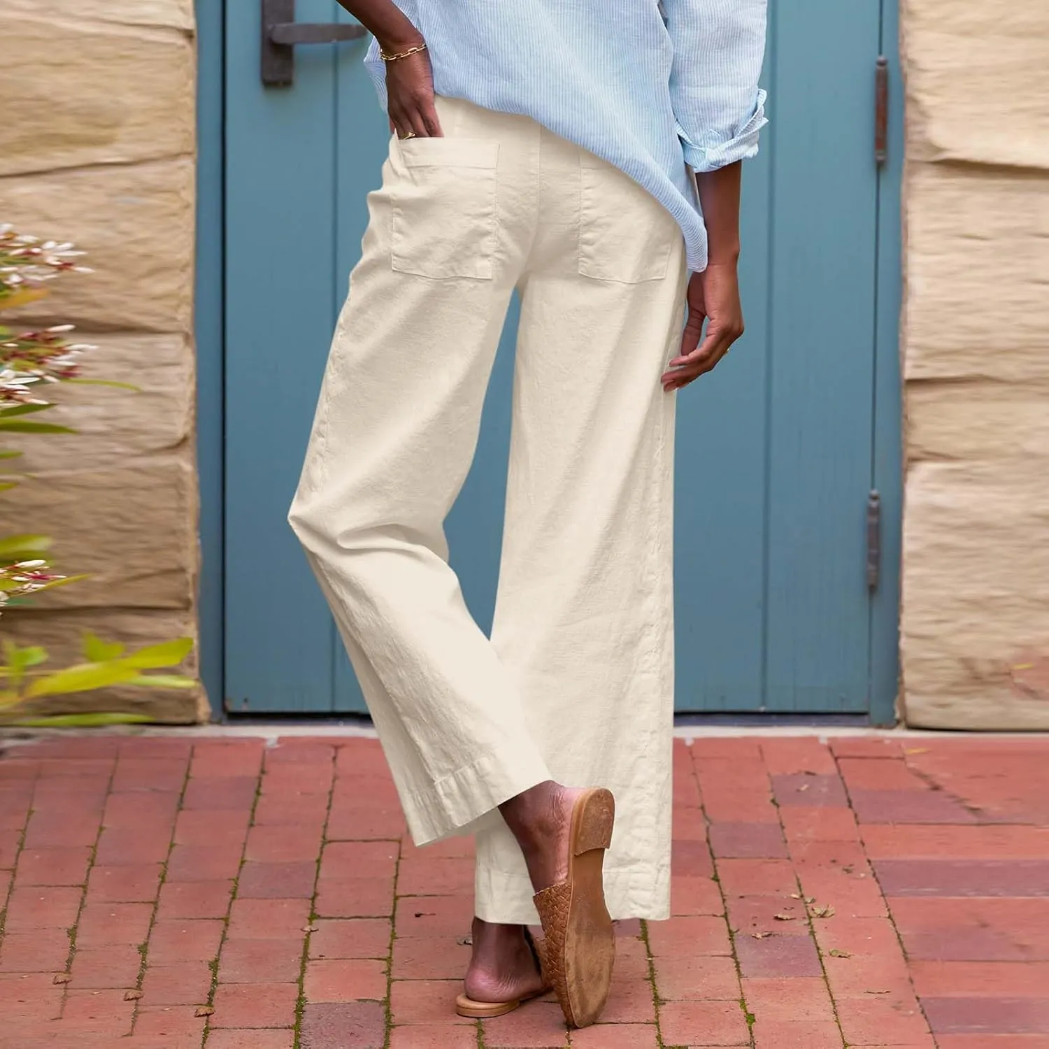 Cropped Linen Pants Women High Waisted Wide Leg Capri Work Pants Business Casual Ankle Pants with Pockets