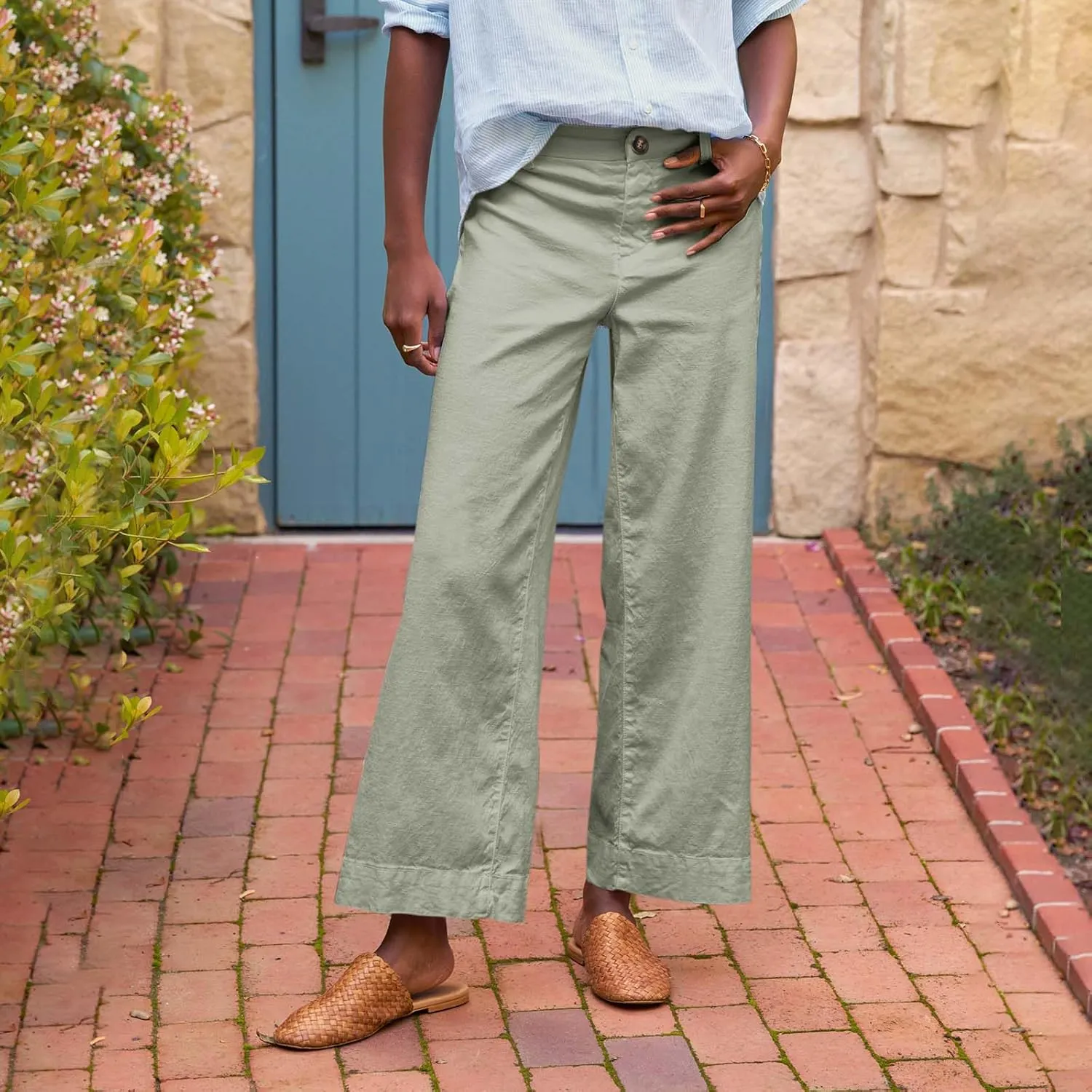 Cropped Linen Pants Women High Waisted Wide Leg Capri Work Pants Business Casual Ankle Pants with Pockets