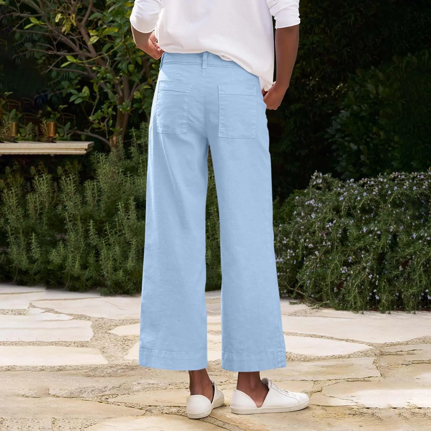 Cropped Linen Pants Women High Waisted Wide Leg Capri Work Pants Business Casual Ankle Pants with Pockets