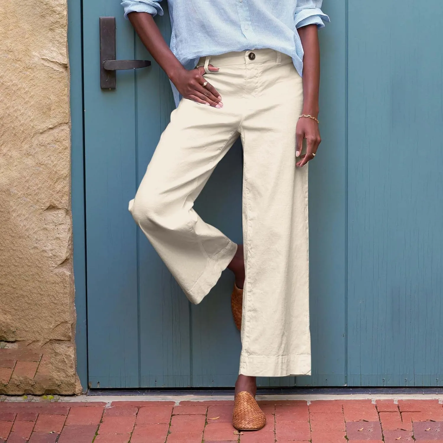 Cropped Linen Pants Women High Waisted Wide Leg Capri Work Pants Business Casual Ankle Pants with Pockets