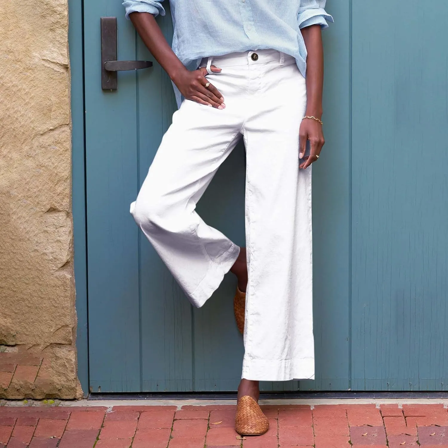 Cropped Linen Pants Women High Waisted Wide Leg Capri Work Pants Business Casual Ankle Pants with Pockets
