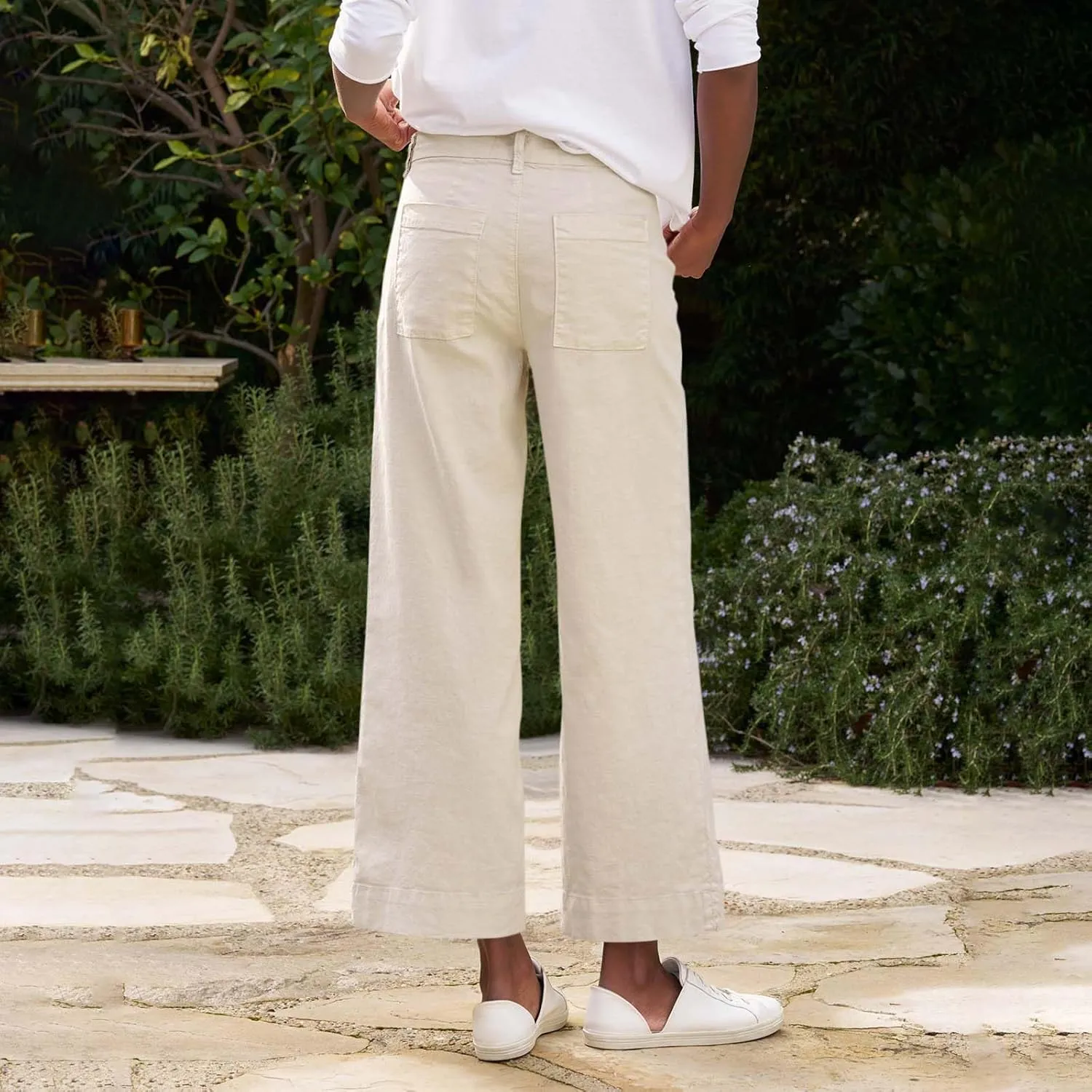 Cropped Linen Pants Women High Waisted Wide Leg Capri Work Pants Business Casual Ankle Pants with Pockets