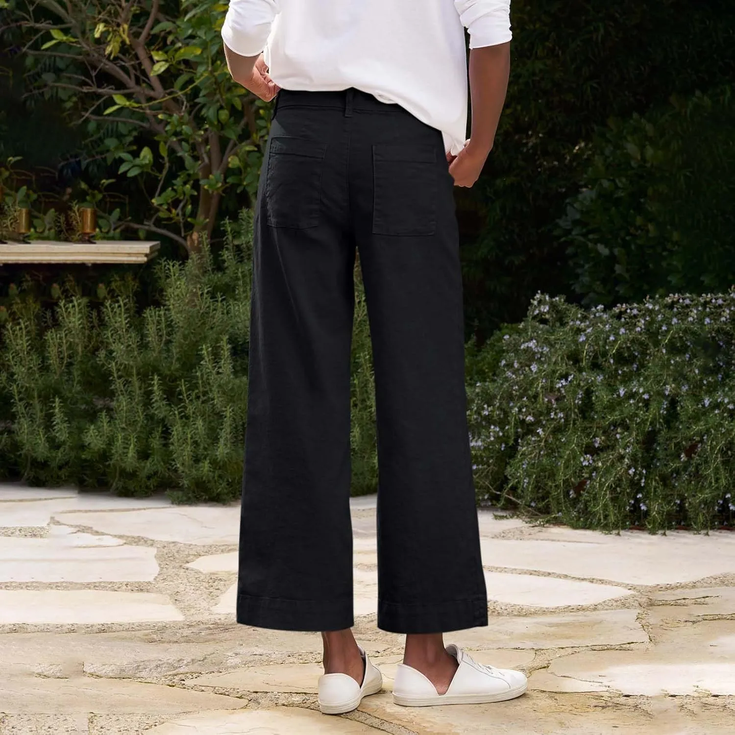 Cropped Linen Pants Women High Waisted Wide Leg Capri Work Pants Business Casual Ankle Pants with Pockets