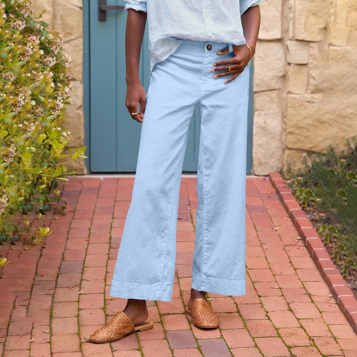 Cropped Linen Pants Women High Waisted Wide Leg Capri Work Pants Business Casual Ankle Pants with Pockets