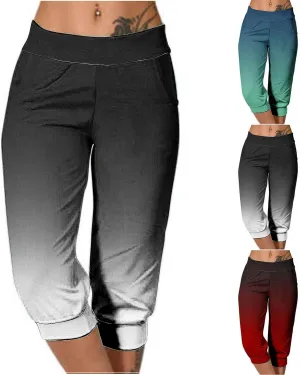 Cropped Trousers Women Gradient Color Capri Pants Ladies 3/4 Trouser Joggers Elasticated Waist Sweatpants