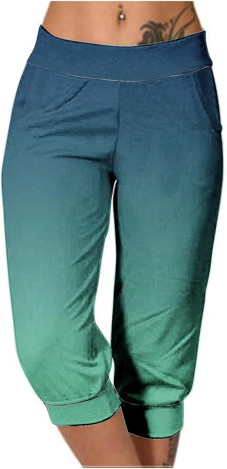 Cropped Trousers Women Gradient Color Capri Pants Ladies 3/4 Trouser Joggers Elasticated Waist Sweatpants