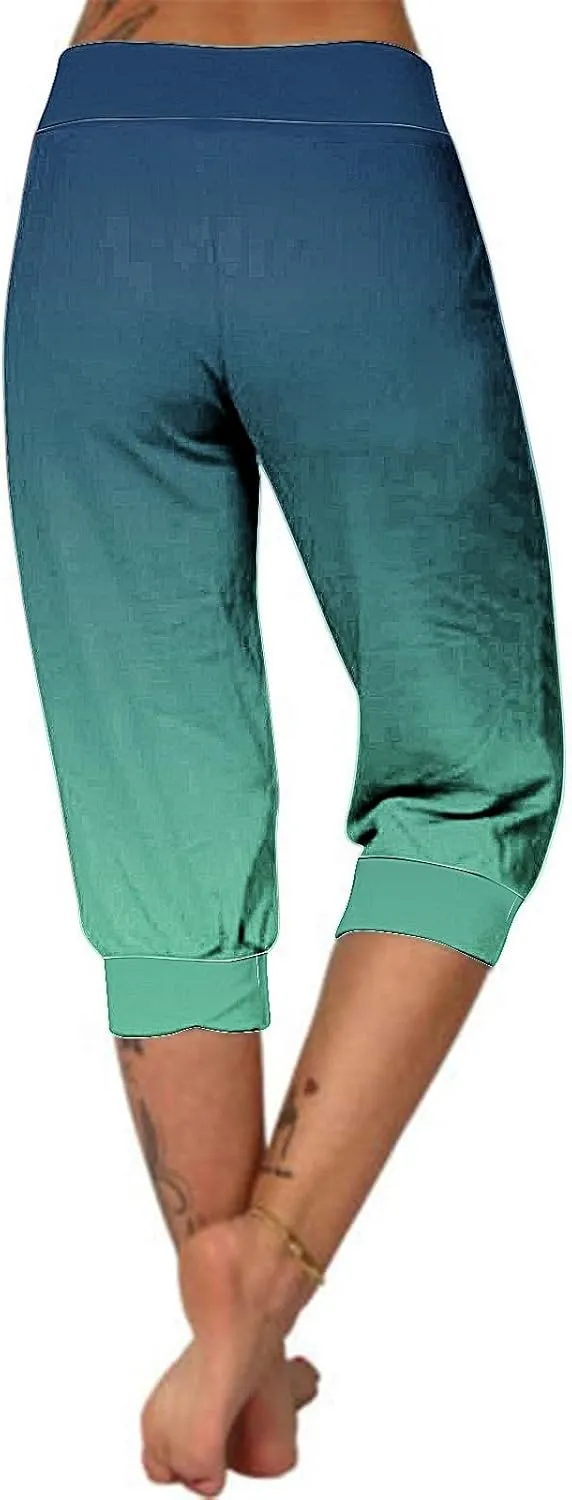 Cropped Trousers Women Gradient Color Capri Pants Ladies 3/4 Trouser Joggers Elasticated Waist Sweatpants