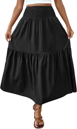 DDAPJ pyju Maxi Skirts for Women 2025 Summer Smocked High Waisted A-Line Flowy Skirt Tiered Ruffle Beach Long Skirt